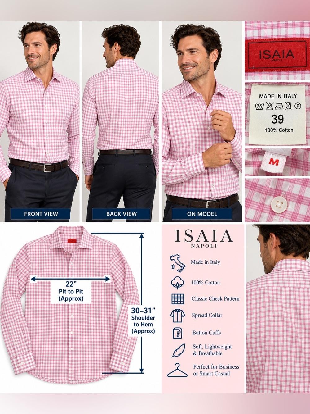 ISAIA Napoli Men’s gingham Dress Shirt 15.5 39 Pink White Check 100% Cotton Made